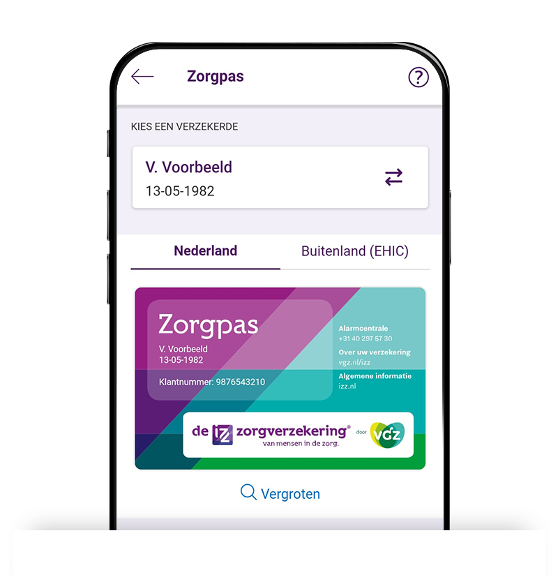 De zorgpas in de IZZ Zorgverzekering app.